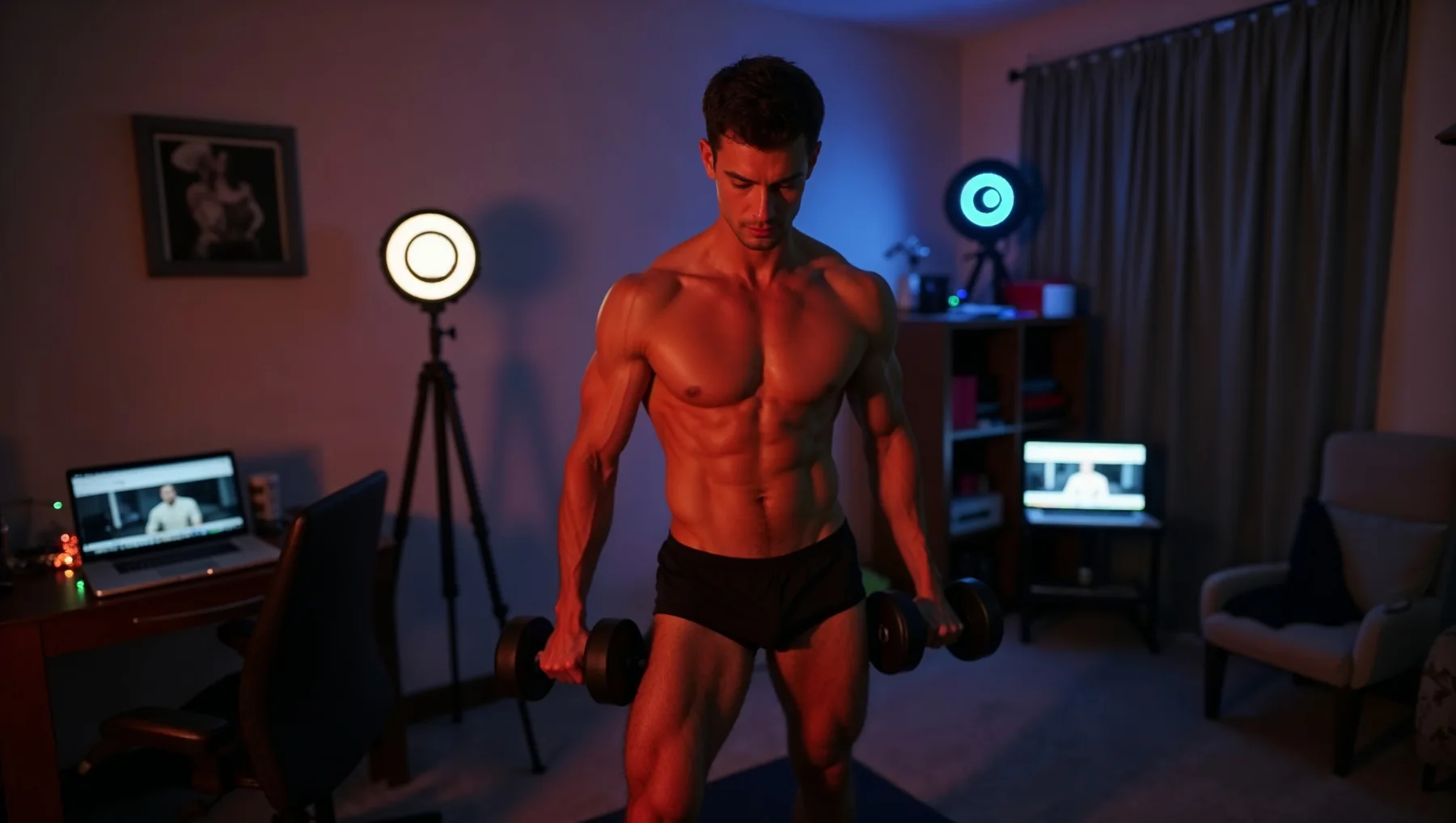 Adult male performer training in a prepared streaming room
