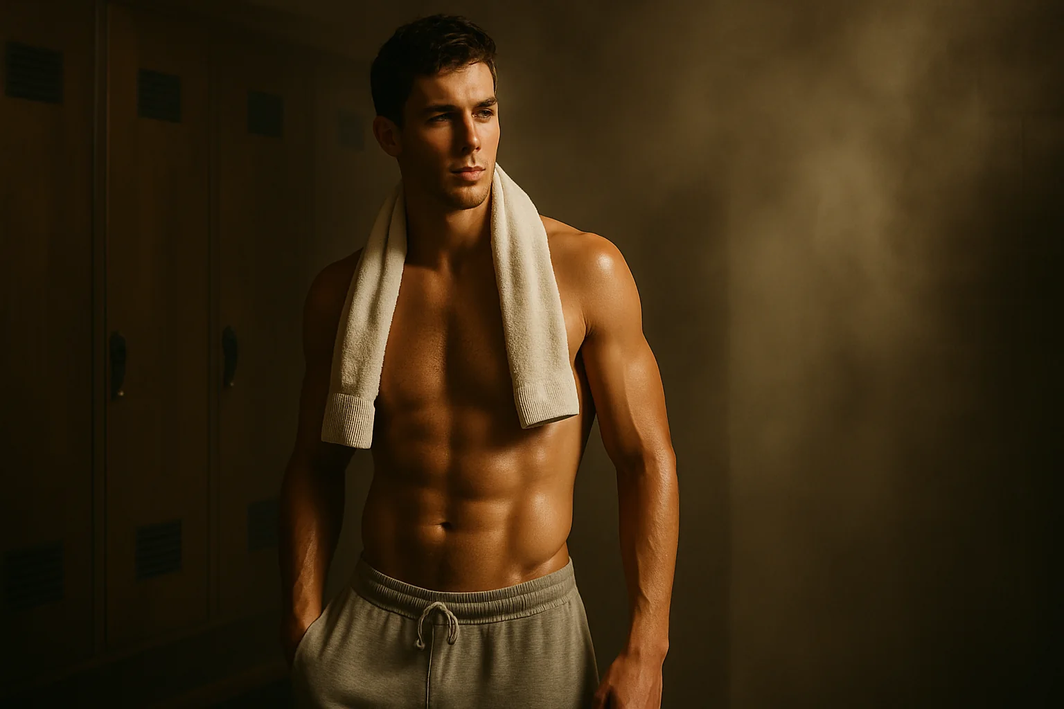 Confident adult man in a locker-room setting