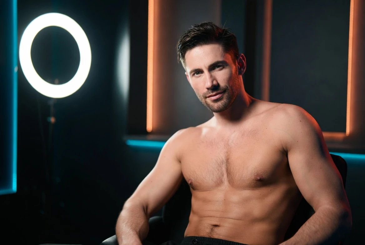 Confident adult male performer seated in a dark teal and copper streaming studio