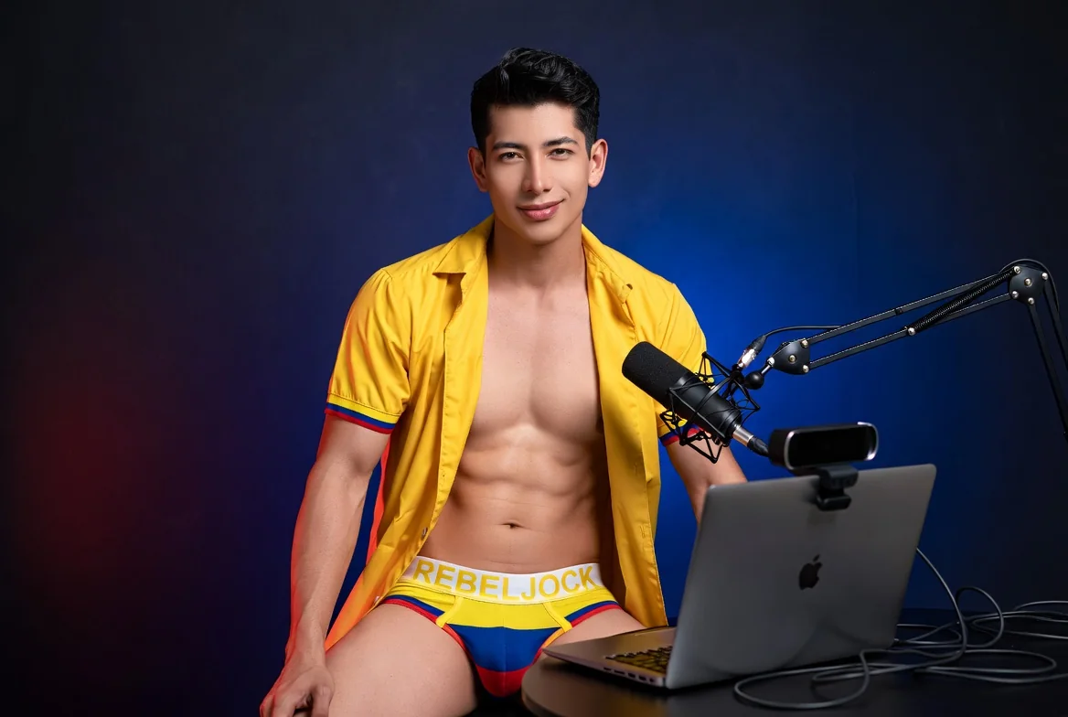 Attractive Colombian creator in a studio wearing REBELJOCK underwear