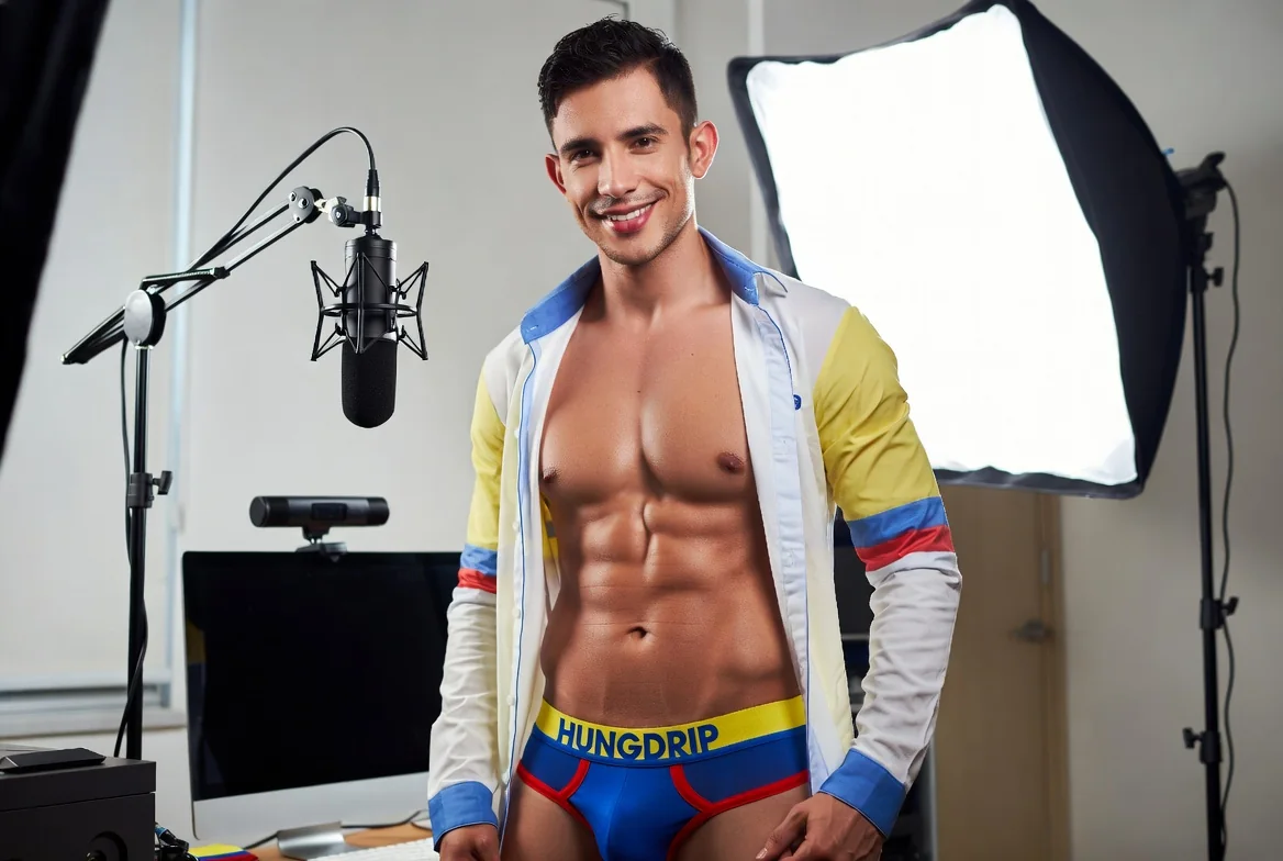 Attractive Colombian performer in a professional studio wearing HUNGDRIP underwear
